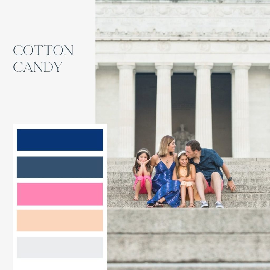 Mom, Dad, and two daughters sitting on the steps of the Lincoln Memorial posing for family photo. Cotton candy color schemes for family photos with pink, blue, peach, and gray.