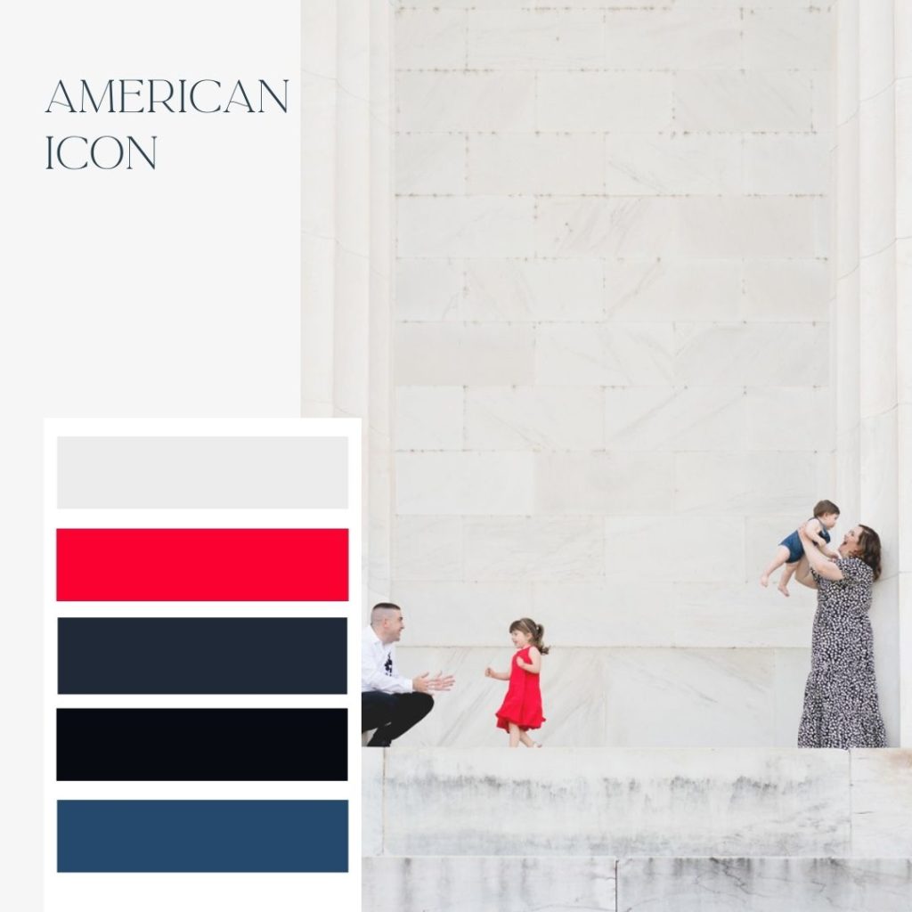 Mom, Dad, and two young children posing for family photo in front of the Lincoln Memorial in Washington, DC. American-themed color schemes for family photos with red, white, and blue.]